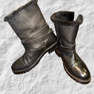 Long Tall Sally Black Leather Buckle Faux Fur‎ Slip on Boots size 9